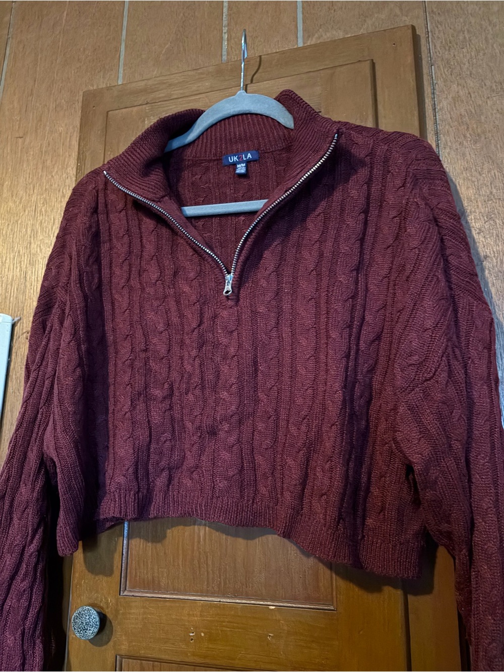UK2LA Women's Cable Knit Half-Zip Sweater in Deep Wine